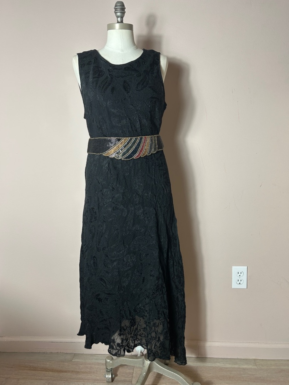 VTG Carole Little Black Lace Maxi Dress Belt asymmetrical 16W plus size